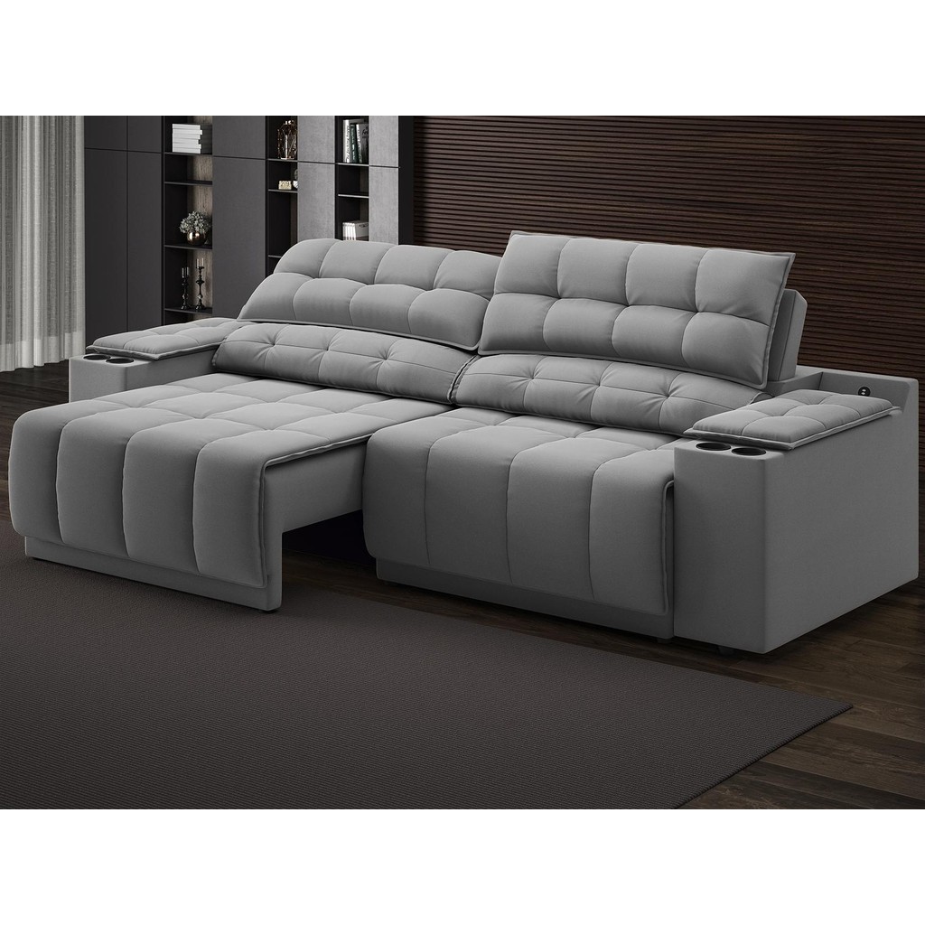 Sofá com Porta Copos Carregador USB Ret Rec Samurai 2,30m Velosuede Grafite - NETSOFAS