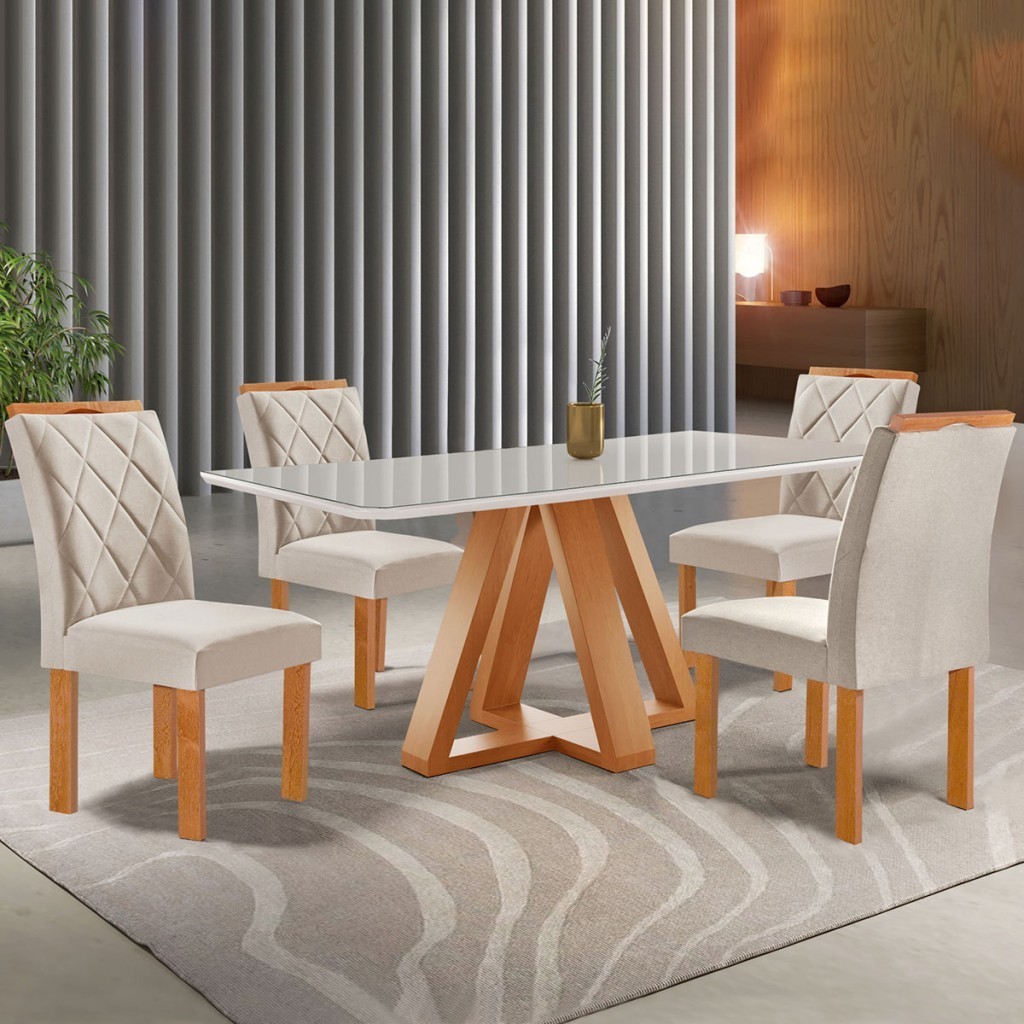 Mesa de Jantar 4 Lugares Kyra/Arthus com Vidro Cinamomo/Off White/Suede Bege - Cel Móveis em Oferta na Shopee