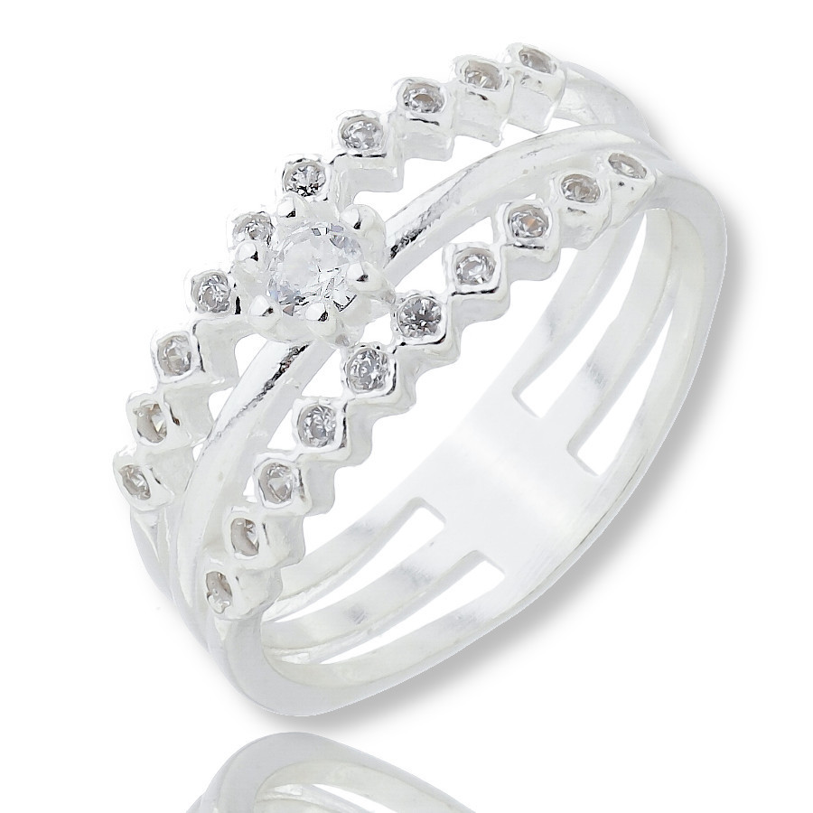 Anel Feminino Prata Aparador Triplo Cravejado Solitário em Oferta na Shopee