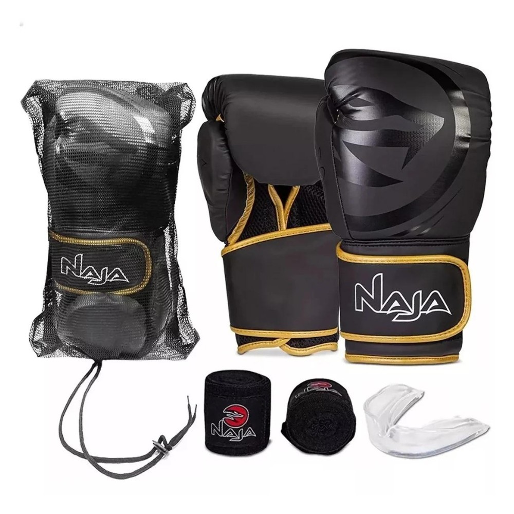 Kit Luva MuayThai e Boxe Naja + Bandagem + Protetor Bucal + Bolsa Preto/Dourado 12 OZ