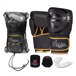 Kit Luva MuayThai e Boxe Naja + Bandagem + Protetor Bucal + Bolsa Preto/Dourado 12 OZ