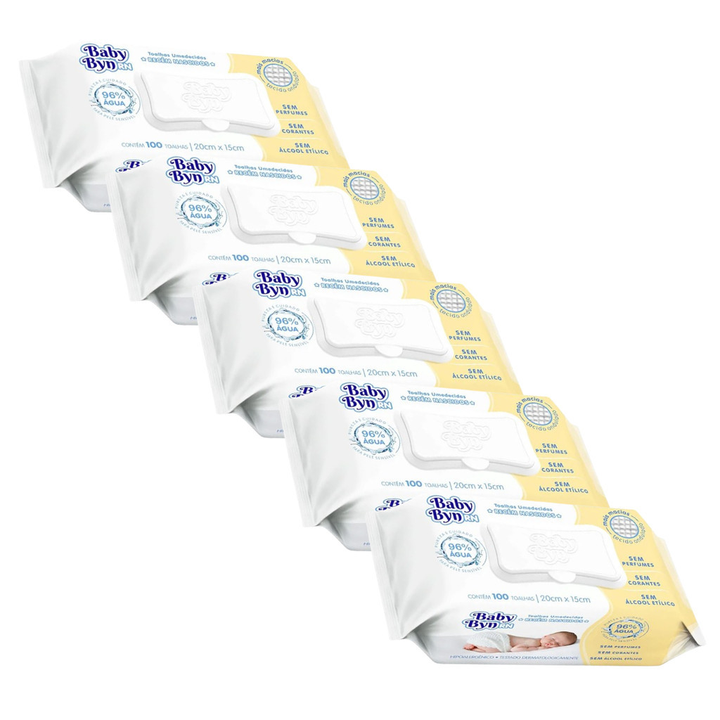 Kit Lenço/Toalha umedecida Baby Byn Recém Nascido ( sem álcool ) com 500 un. - 5 pacotes c...