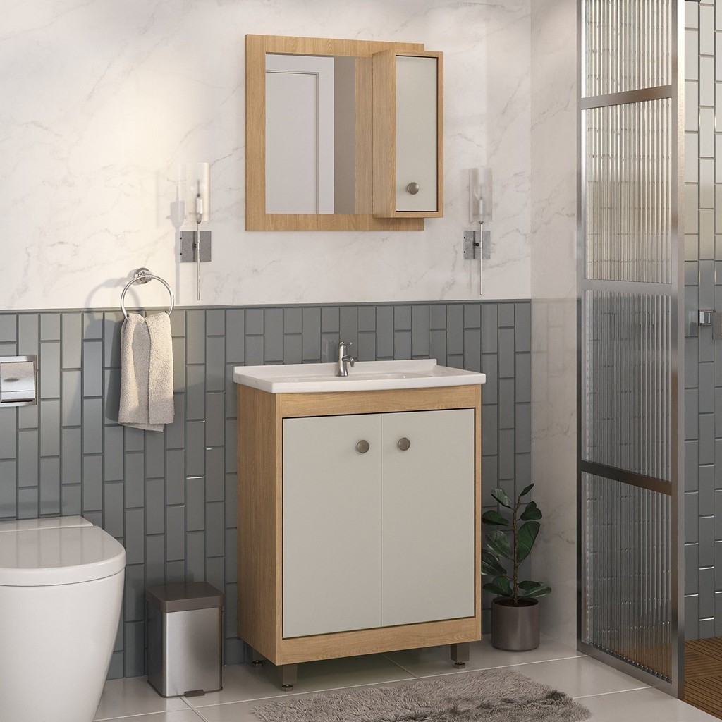 Armário Conjunto de Banheiro com Gabinete, Cuba e Espelheira 3 Portas 60 cm em Oferta na Shopee