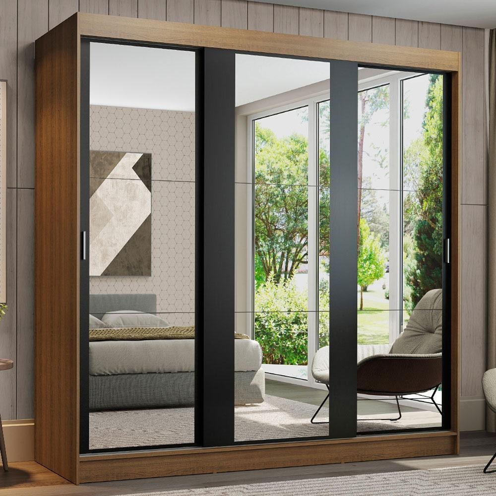 Guarda-Roupa Casal Madesa Reno 3 Portas de Correr de Espelho - Rustic/Preto - Home & Living