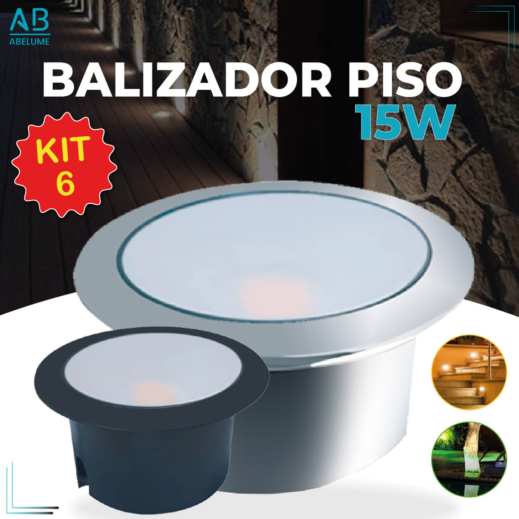 Kit 6 Balizador Spot LED Embutir Chão Piso Jardim 15W Luz Quente e Verde IP65 Bivolt 60Hz
