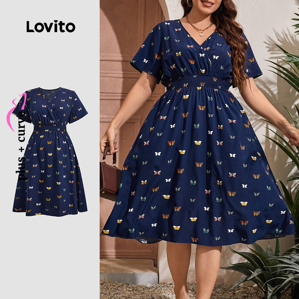 (Trendy) Lovito Vestido feminino Casual Plus Size com babados e borboleta LBL22656