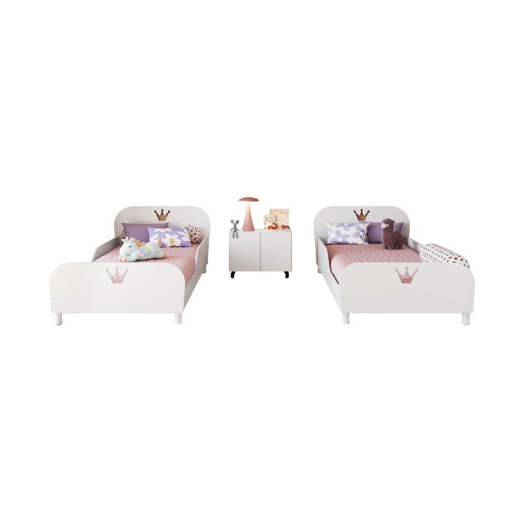 Kit 2 Camas Solteiro para Colchão 88x188cm com Mesa de Cabeceira 2 Portas Multimóveis MP4374