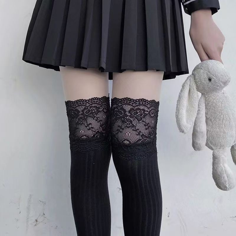 Jk meias na altura do joelho meias de renda femininas japonesas cor sólida Material de algodão puro macio e confortável