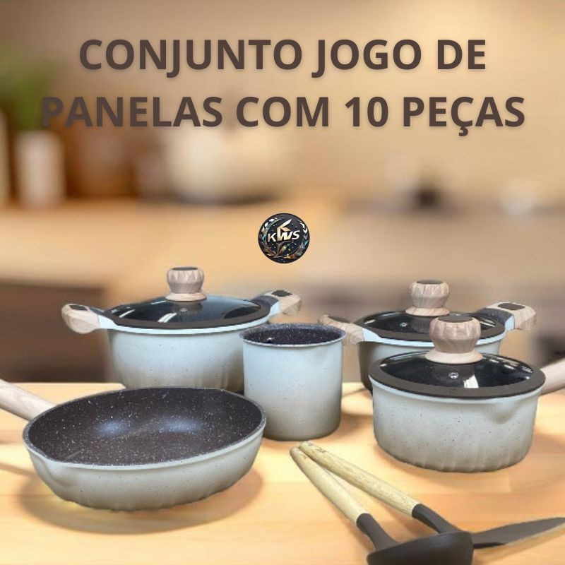 Conjunto Jogo de Panelas Alumínio Revestida em Granito 10 Peças - 5 Panelas 3 Tampas + 2 Utensílios- Paladino
