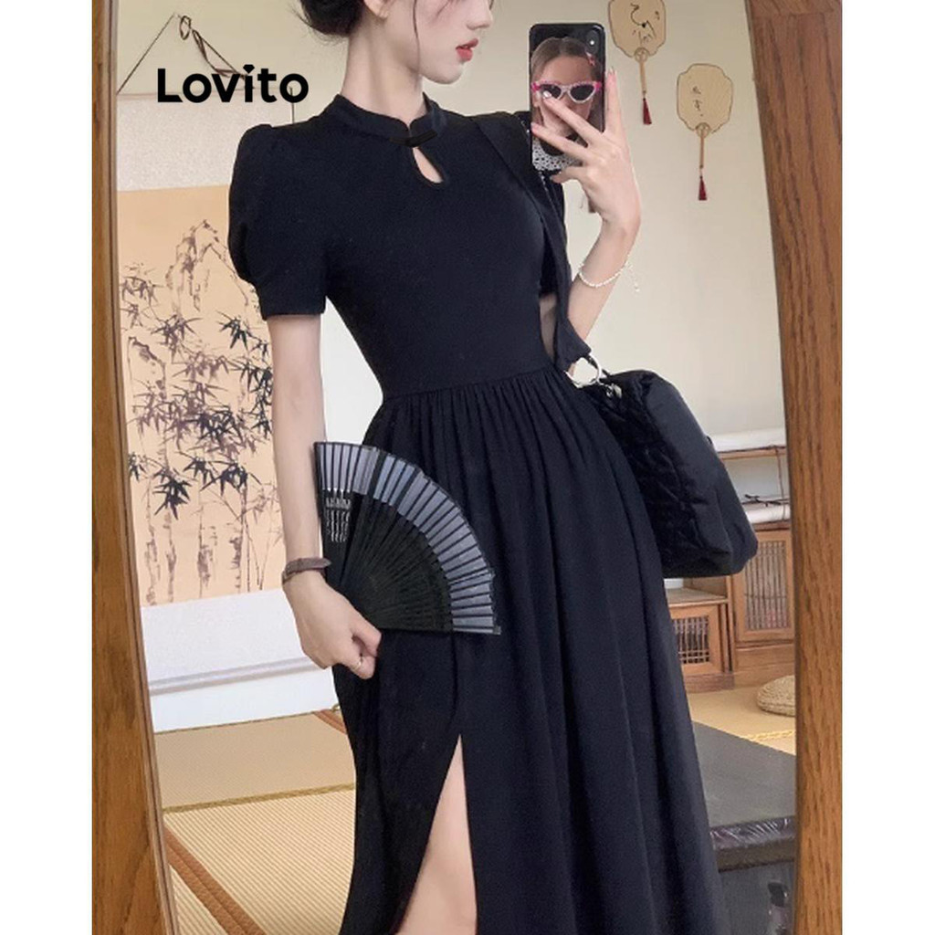 (Trendy) Lovito Vestido Elegante Vestido Liso Dividido Para Mulheres LNE62505 - Women Clothes
