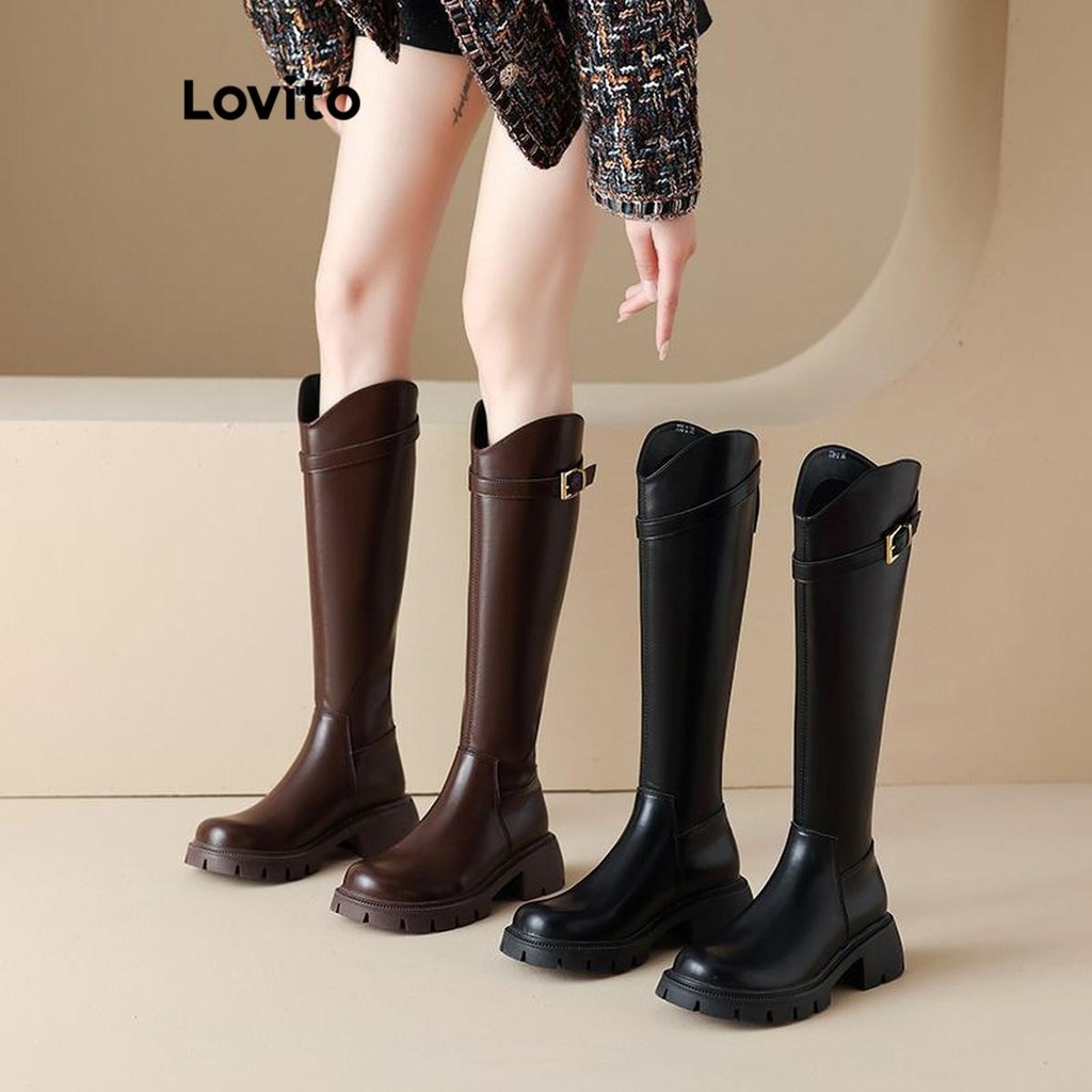 Lovito Casual Estilo Britânico Versátil Sola Bota de Moda de Tubo Longo para Mulheres LFA62301 - Women Shoes
