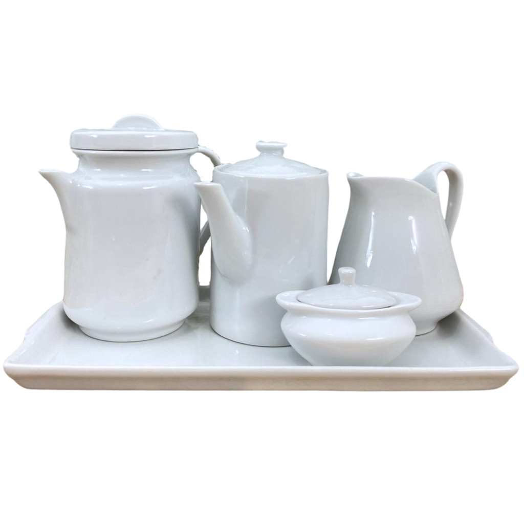 Jogo Café e Chá, Bandeja + Açucareiro barquinha 100ml + Bule bico longo 800ml + Leiteira 740ml + Bule cafeteira 1,1L - P