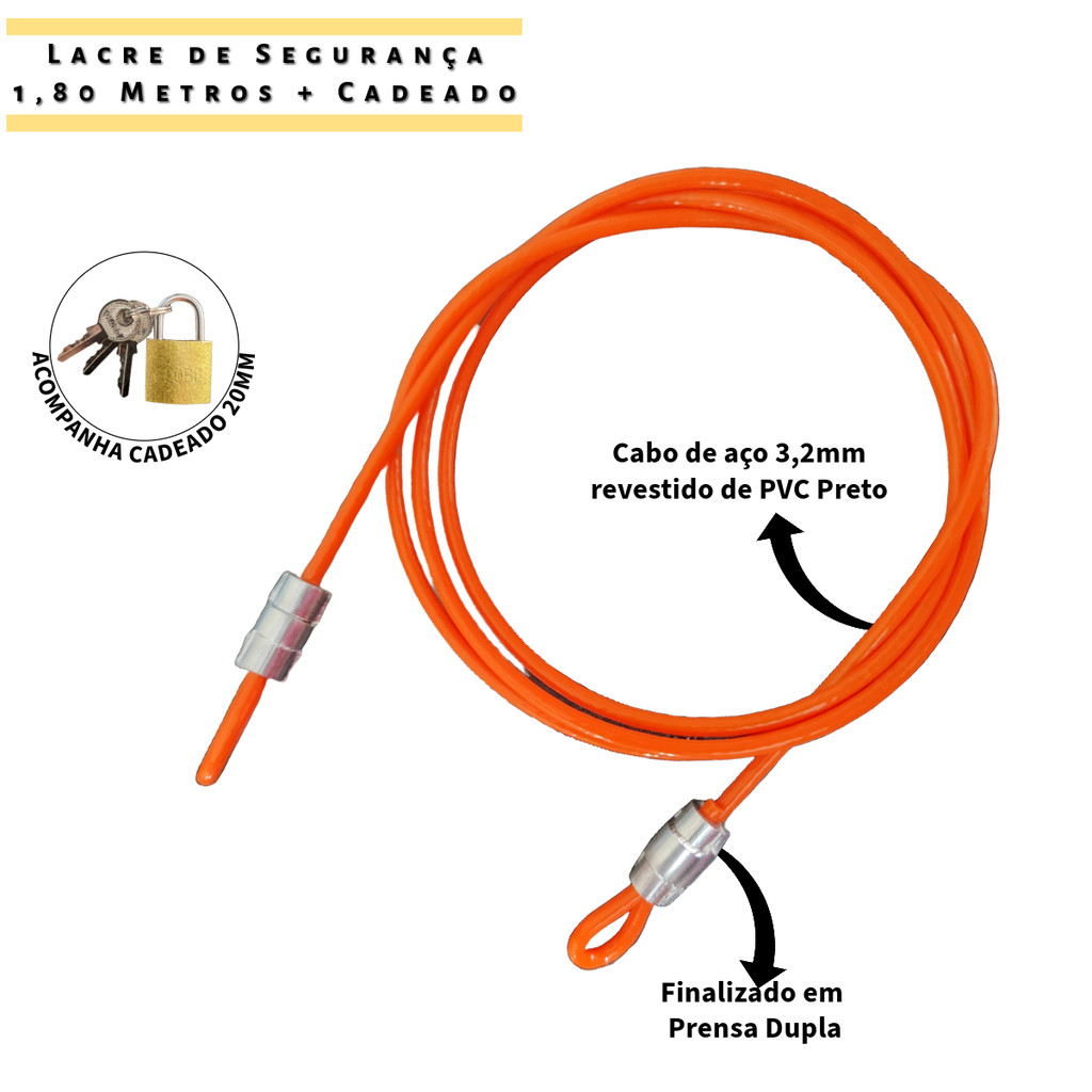 1  Lacre de Segurança Multiuso 1,80 Metros + 1 Cadeado 20mm - Trava Porta Bolsa Bike Gopro