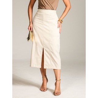 Saia Midi Clássica com Fenda Moderna e Bolsos em Oferta na Shopee