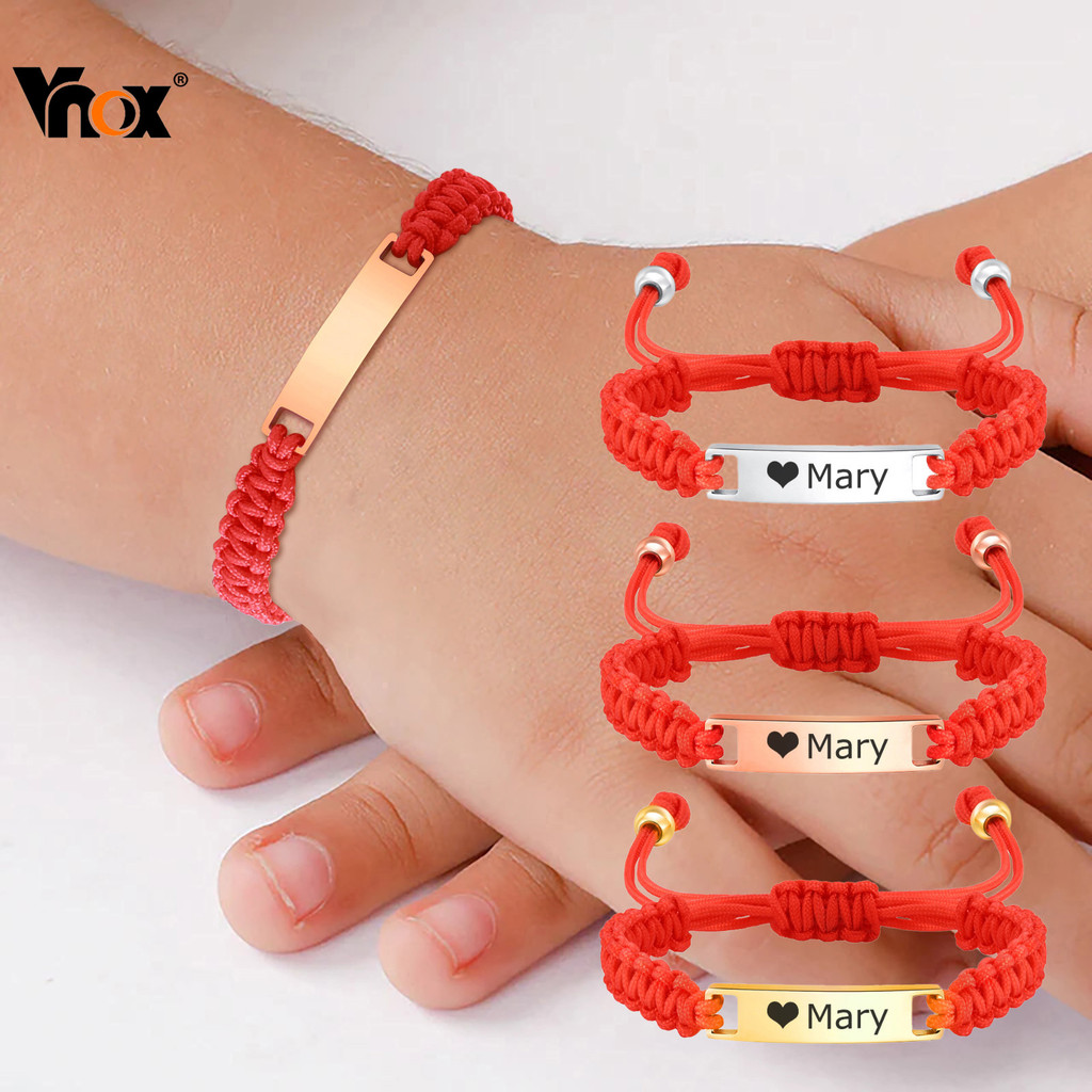 Pulseira Gravada Com Trança De Corda Vermelha Vnox Para Bebês E Crianças , Ajustável Nome De Bebê Em Aço Inoxidável , Pr - Baby & Kids Fashion