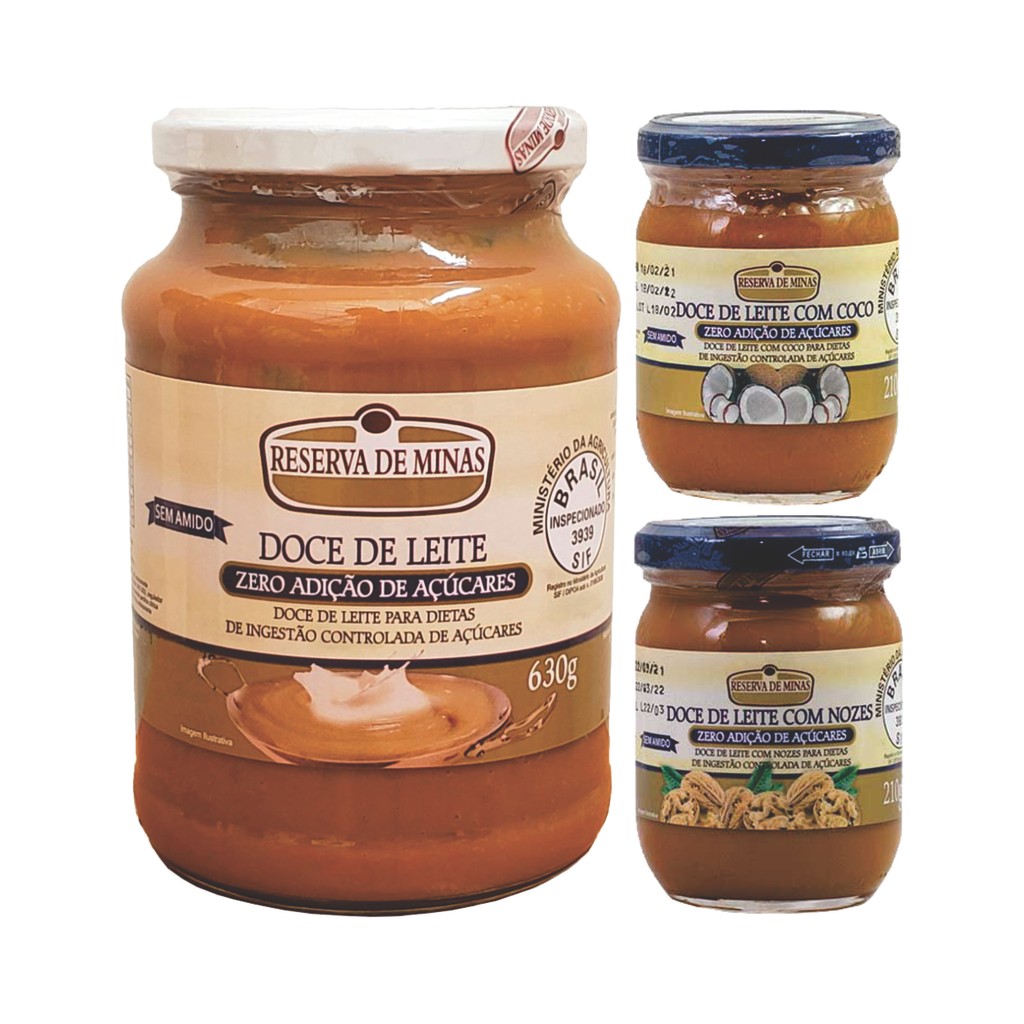 1kg Doce De Leite Diet, Zero Adição de Açúcar; Reserva De Minas. 3 Sabores: Tradicional, Coco, Nozes