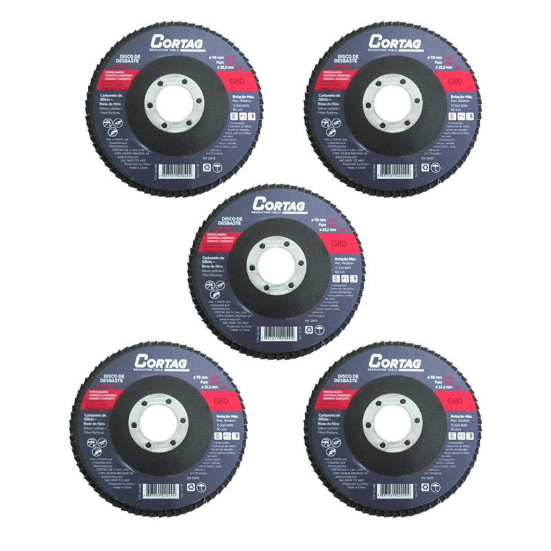 Kit 5 Discos Flap 4.1/2 Refratario Carbureto Silicio Gr  80  Cortag