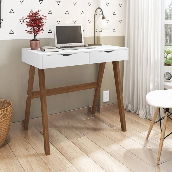 Escrivaninha Mesa Escritório 2 Gavetas 90cm 100% MDF Iza Espresso Móveis Branco/Amêndoa em Oferta na Shopee
