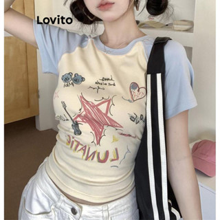 Lovito Camiseta Feminina Casual Com Padrão Colorblock De Desenho Animado LNA45264