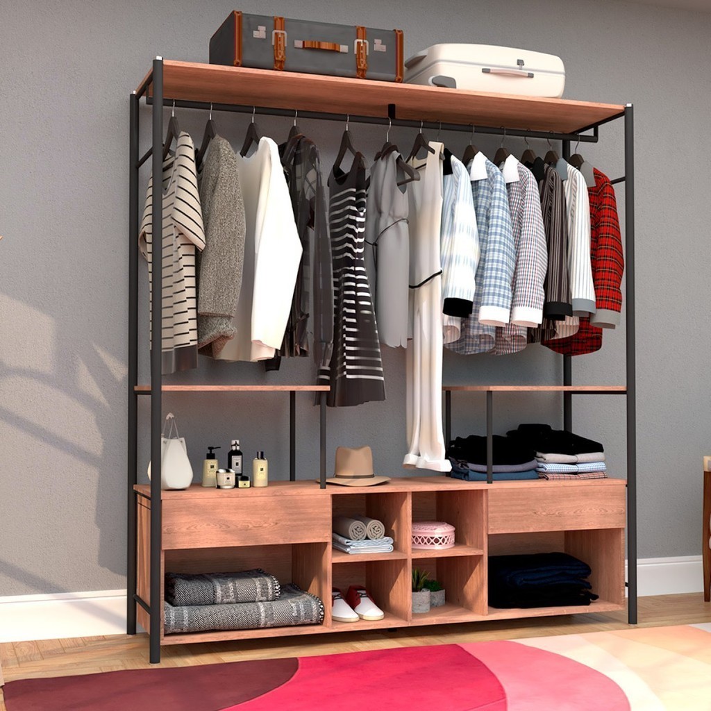 Guarda-roupa Closet para Casal de Ferro 2 Gavetas 8 Prateleiras Barcelona Preto/Demolição Preto/Demolição - Home & Living