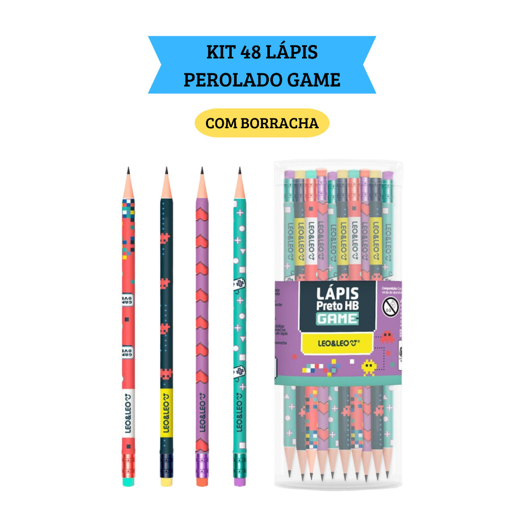 Kit 48 Lápis de Escrever HB Game com Borracha  Escolar  Leo&Leo