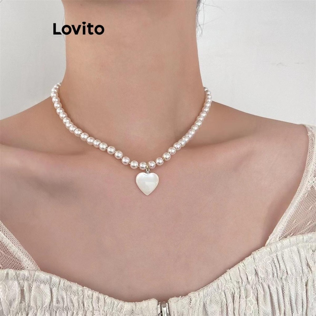 Lovito Colares casuais de pérolas em forma de coração para mulheres LFA30347 - Fashion Accessories