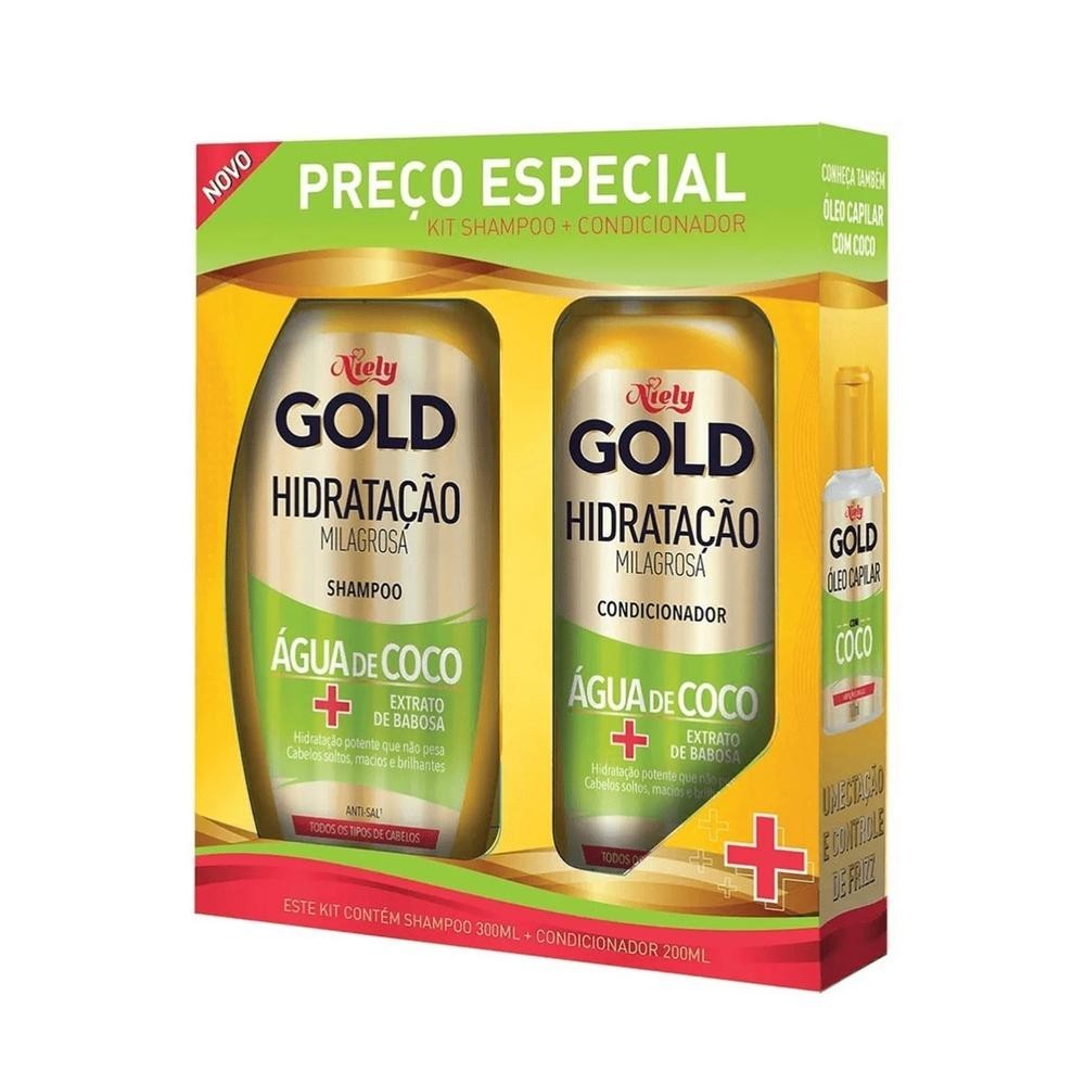 Kit Shampoo 300ml  + Condicionador Niely Gold Hidratacao Agua de Coco 200ml em Oferta na Shopee