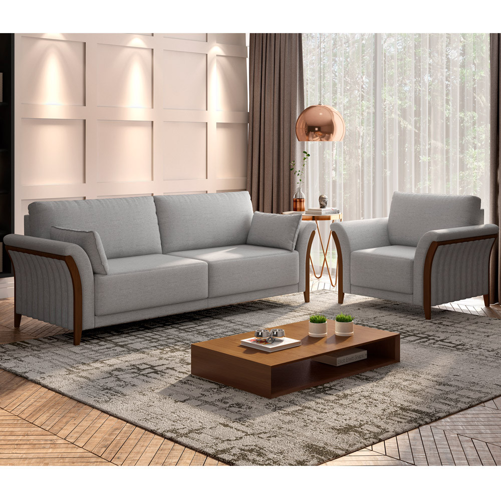 Kit Sofá 02 Lugares Sala Estar 162cm Com Poltrona Stefan Pés De Madeira M03 Linho Cinza - Lyam Decor