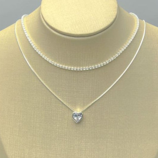 KIT 2 prata 925 Choker Riviera Cristal + Colar Com coração Ponto De Luz Prateado Folheado Banhada A Prata