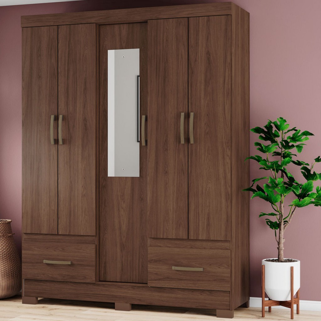 Guarda-Roupa Solteiro 5 Portas 2 Gavetas com Espelho Castanho Hp - Briz - Home & Living