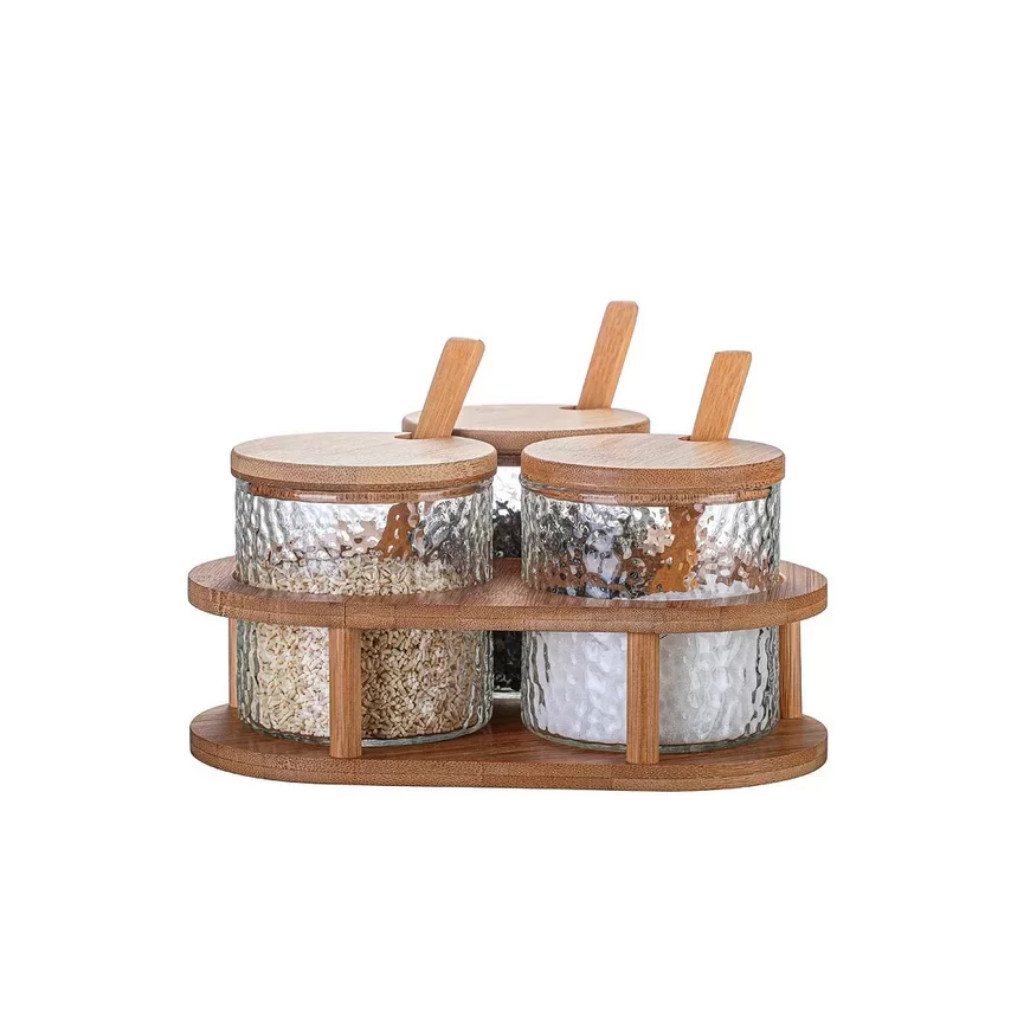 Kit 3 Porta Condimentos e Temperos em Vidro Martelado e Tampa e Colher em Bambu com Suporte Clink