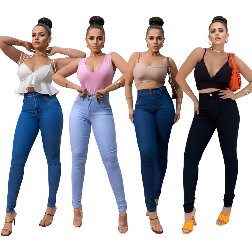 Kit 4 Calça Jeans Feminina Siknny Com Lycra  Cintura Alta em Oferta na Shopee