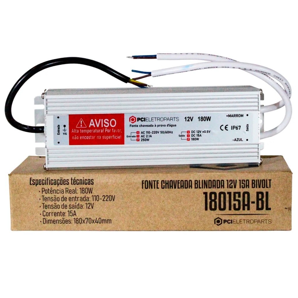 Fonte Chaveada Blindada 12V 15A 180W Bivolt IP67 Prova Dágua