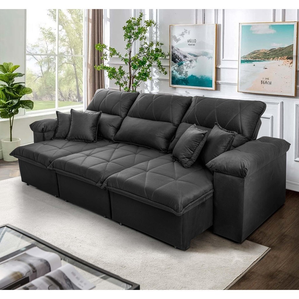 Sofá Retrátil Reclinável Trento 2,30m Suede Velut Cinza  Molas no Assento - King House
