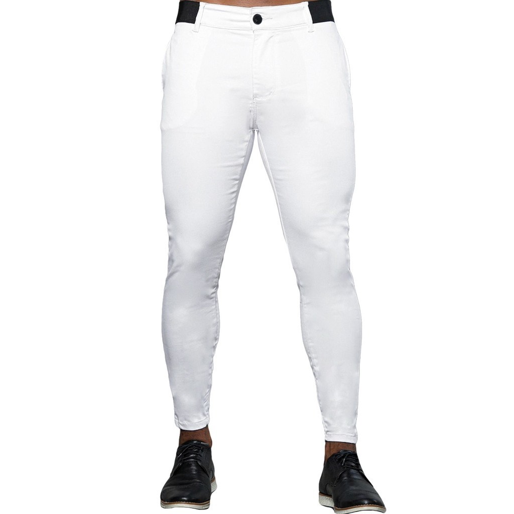 Calça Alfaiataria Branca Masculina Skinny Com Elástico No Cós Social Premium Com Elastano
