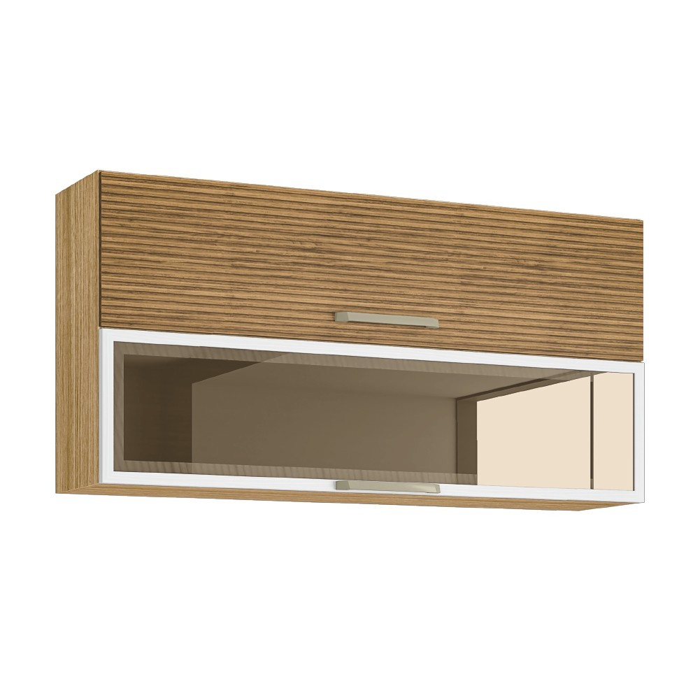 Armário De Cozinha Aéreo 2 Portas 1,20m Com Vidro Reflecta Módulo Suspenso Madeirado / Branco Ametista - Home & Living
