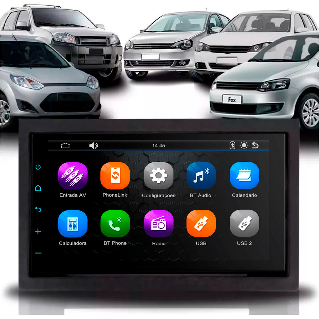 Kit Multimídia 7 Polegadas MP5/BT 2Din + Moldura Preta Golf Polo Bora Fox SpaceFox Fiesta Ecosport