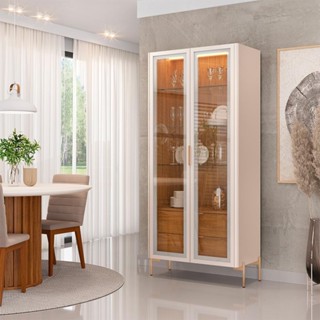 Cristaleira Vitória com 3 Prateleiras e 2 Portas de Vidro LED Pés Metálicos Dourados Off White/Frj em Oferta na Shopee