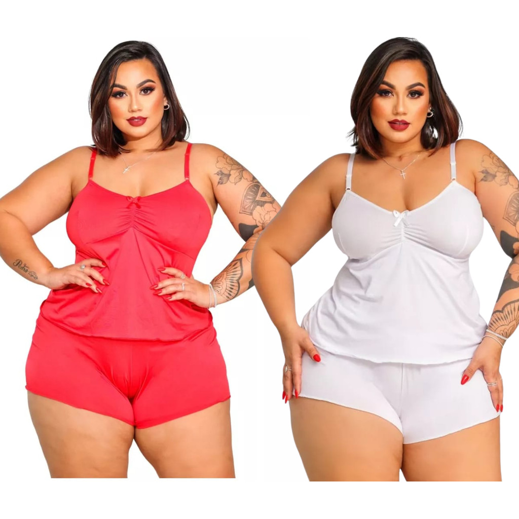 Kit com 2 Baby Doll Short Doll Pijama  Feminino Plus Size Malha Fria super confortavel em Oferta na Shopee
