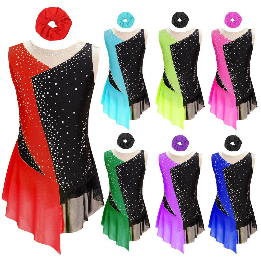 MSemis Crianças Meninas Patinação Artística Dança Roupa Brilhante Strass Cor Bloco Collant Pura Malha Retalhos Sem Manga em Oferta na Shopee