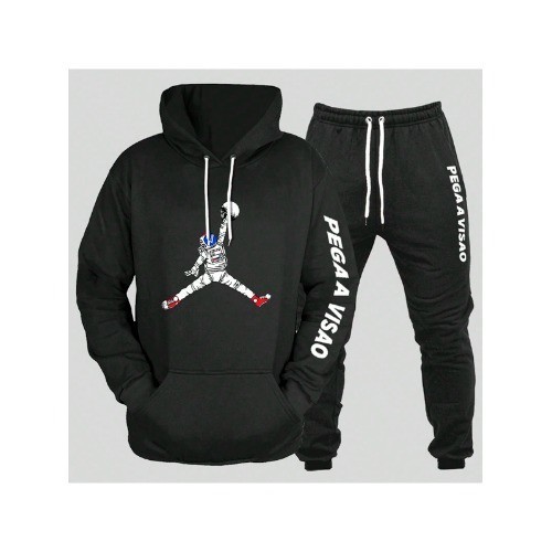 Conjunto De Moletom Masculino   Calça Com Bolso e Blusa com Capuz Estampado Astronauta Bola lançamento outono/inverno