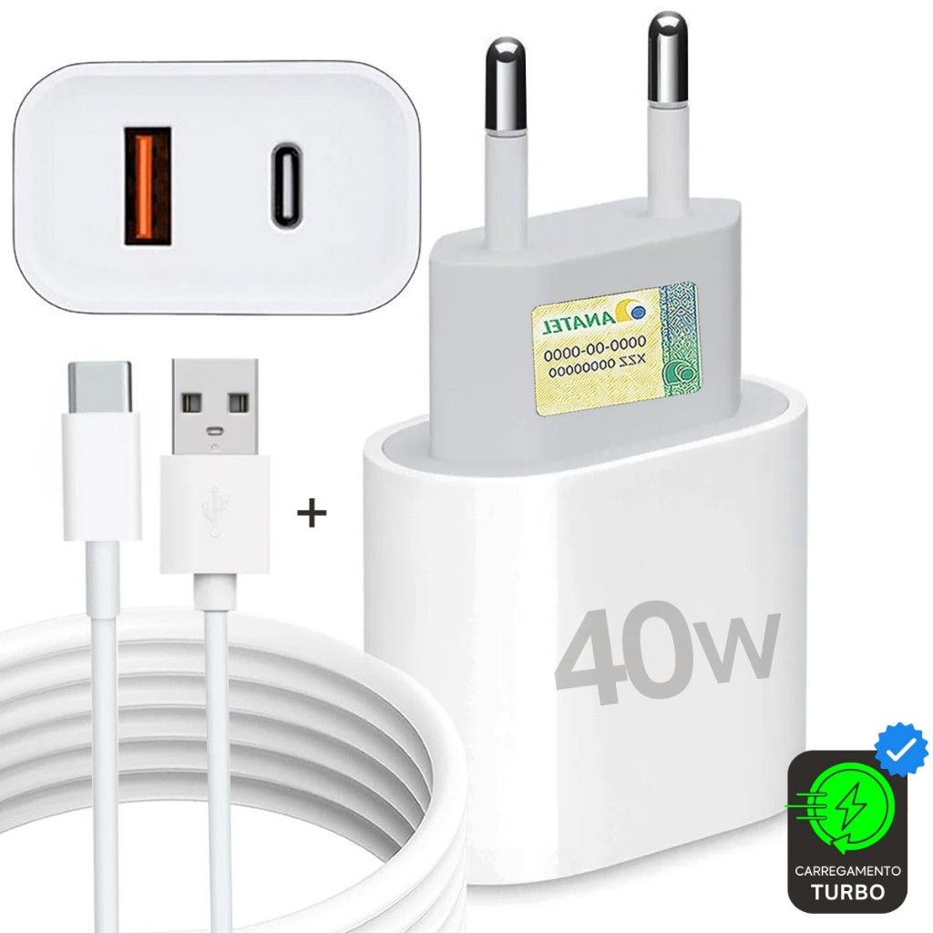 Carregador Tipo C 40W Super Turbo Fonte 2 Entradas USB e USB-C + Cabo Usb-C Rápi