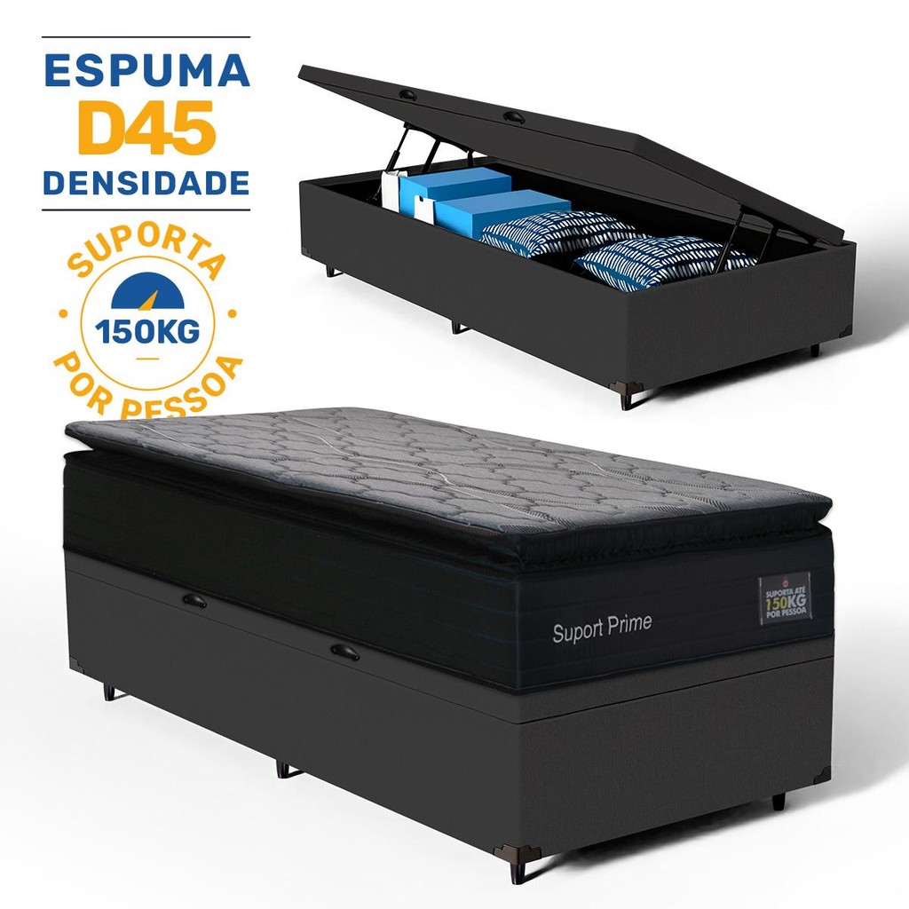 Cama Box Baú com Colchão de Espuma D45 Pillow Top Suport Prime Solteiro 88cm em Oferta na Shopee
