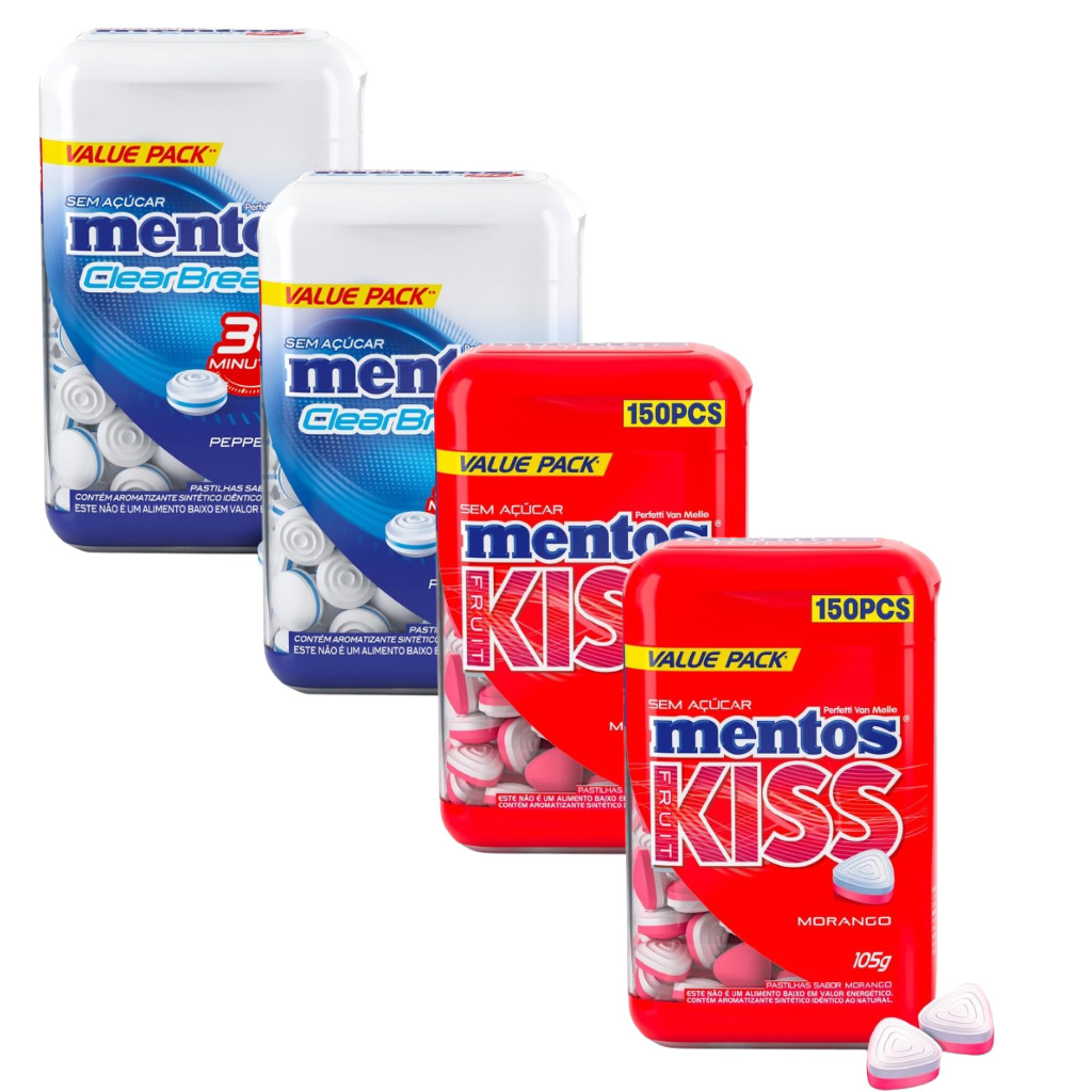 Kit 4 Pastilhas Mentos Kiss Sabor Morango e Peppermint Sem Açúcar 105g/cada - Pote Com 150 unidades em Oferta na Shopee