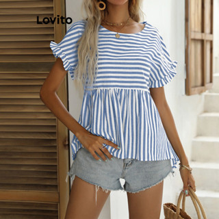 Lovito Blusa com Renda e Ruffle Boho Listrada Colorblock para Mulheres LNL35055 (Caqui/Azul/Vermelho Vinho)