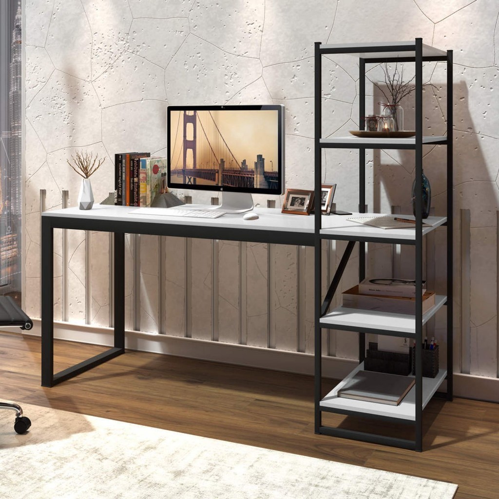 Escrivaninha Mesa Escritório Industrial com Estante 4 Prateleiras 170cm Innovare Preto/Branco em Oferta na Shopee