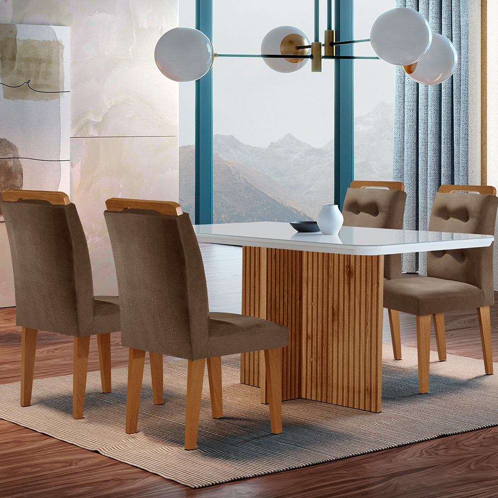 Conjunto Sala de Jantar Mesa Olímpia 120CM MDF Vidro Canto Copo com 4 Cadeiras Carol Moder...