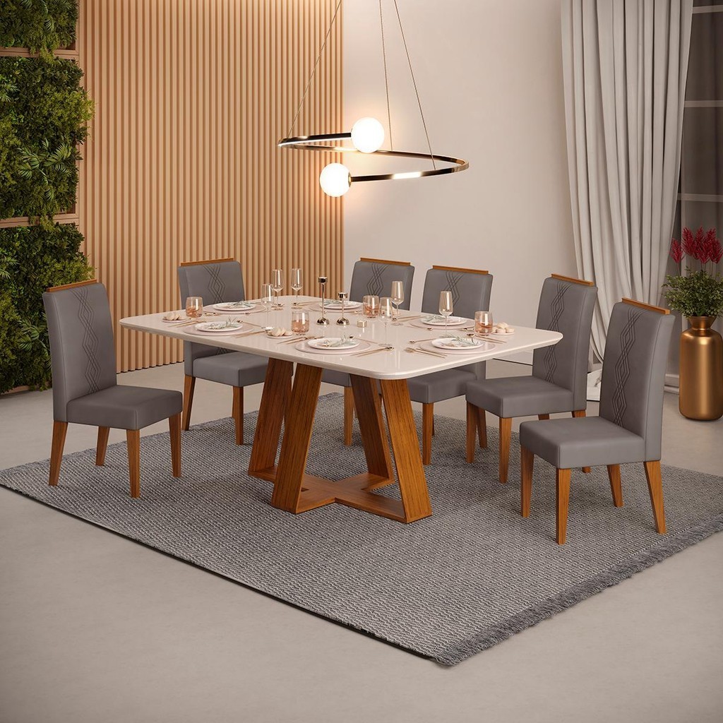 Conjunto de Sala de Jantar 6 Cadeiras Tampo Curvo Dj Moveis Kiara Freijo Yasmin Lunar em Oferta na Shopee