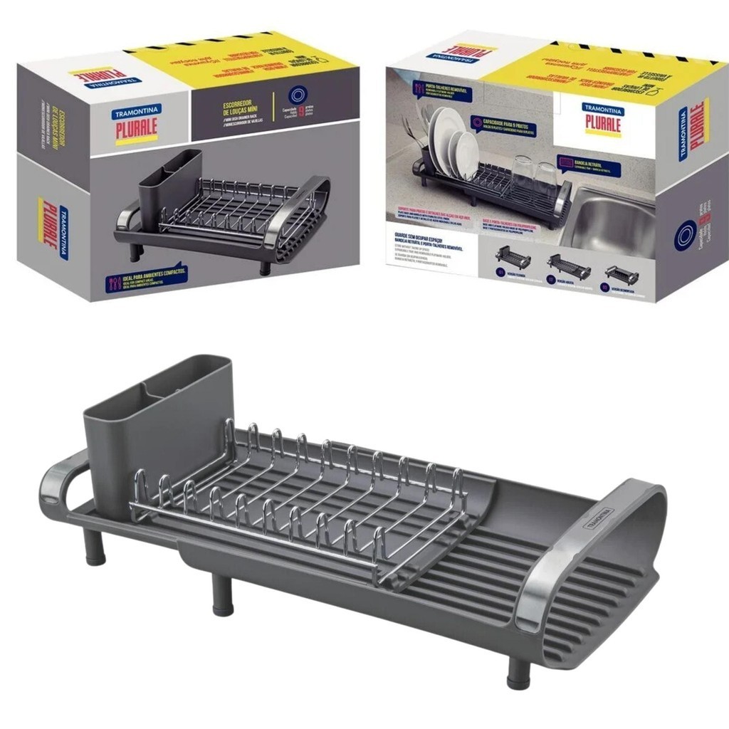 Escorredor de Louça Plurale Compacto com Secador e Porta Talheres em Aço/Polipropileno Grafite Tramontina - 61537000 em Oferta na Shopee