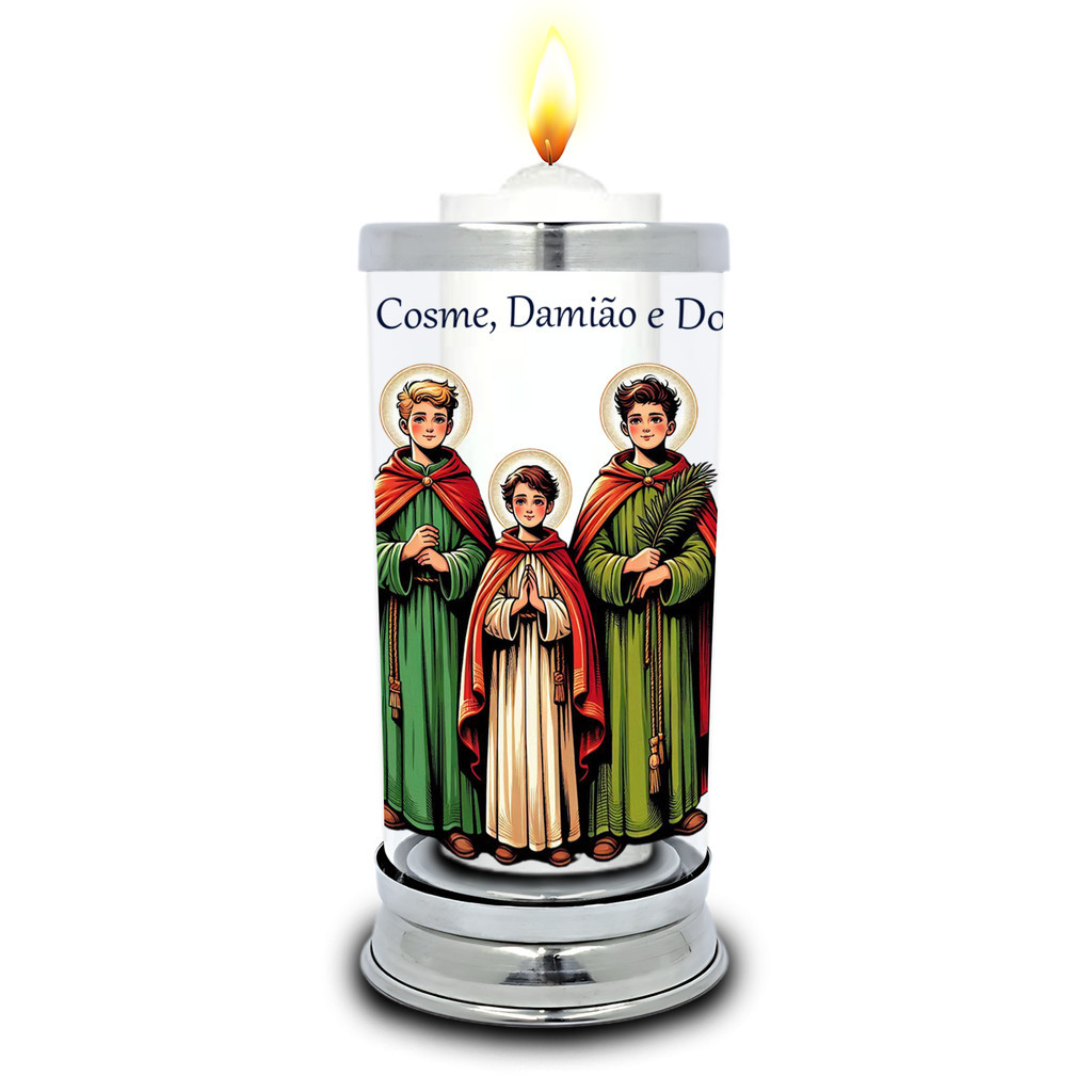 Protetor de Velas 7 dias Cosme, Damião e Doum Copo Vidro